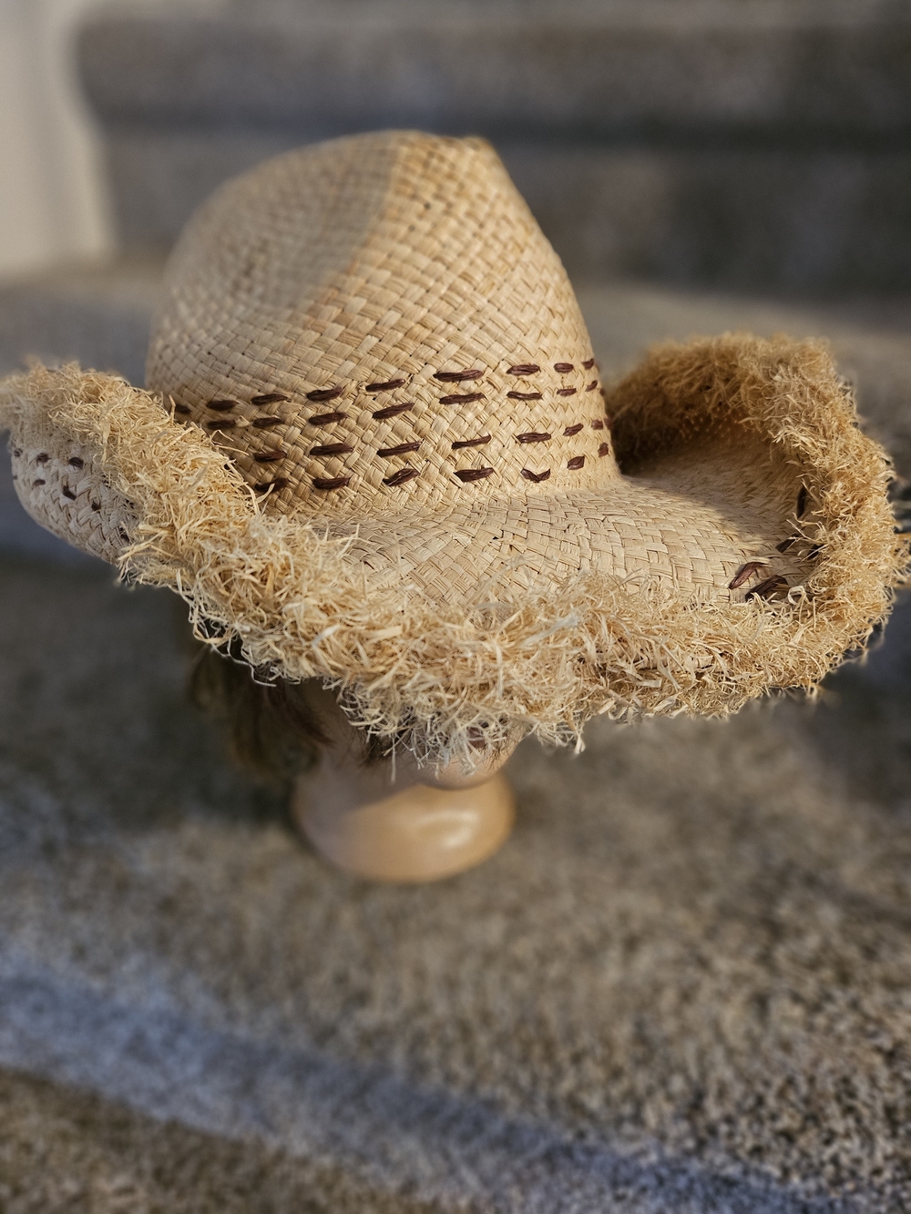 Enmon Straw Cowboy Hat 100% Straw Natural Beige Frayed Rim S/M